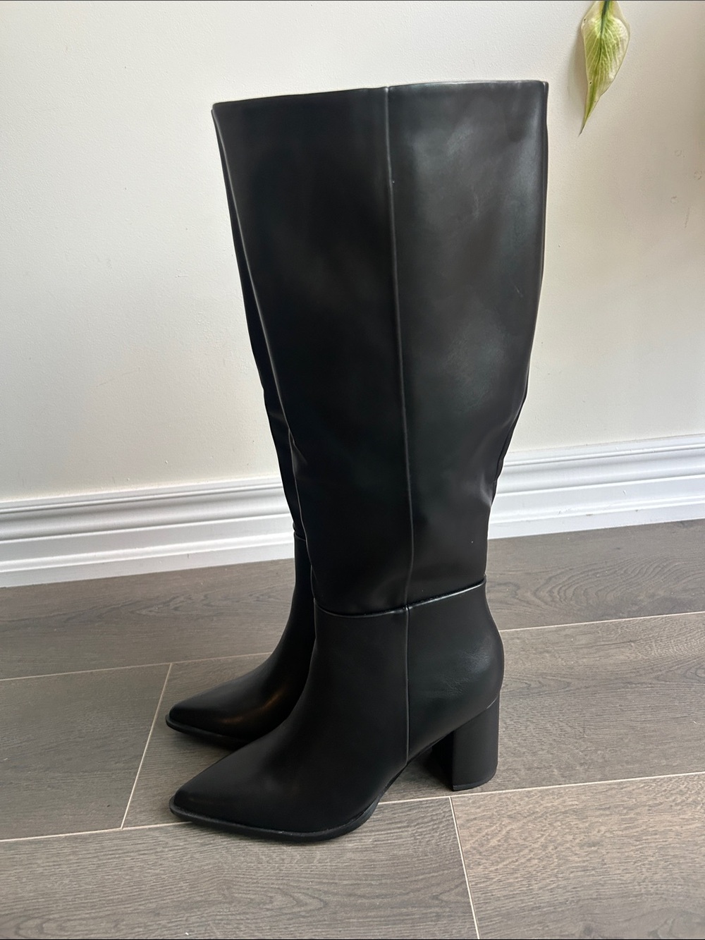Black Faux Leather Knee High Pointed Toe Block Heel Boots Size 7 NWOT - Picture 9 of 16
